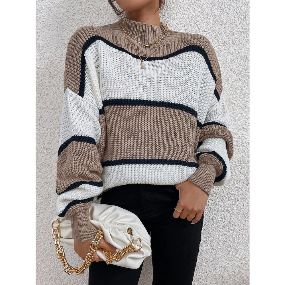 Color Block striped Mock Neck oversized Sweater tan white black - Picture 3 of 6
